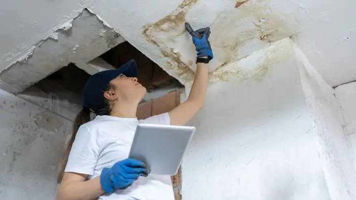 Person photographing and noting a stained ceiling with a tablet for documentation