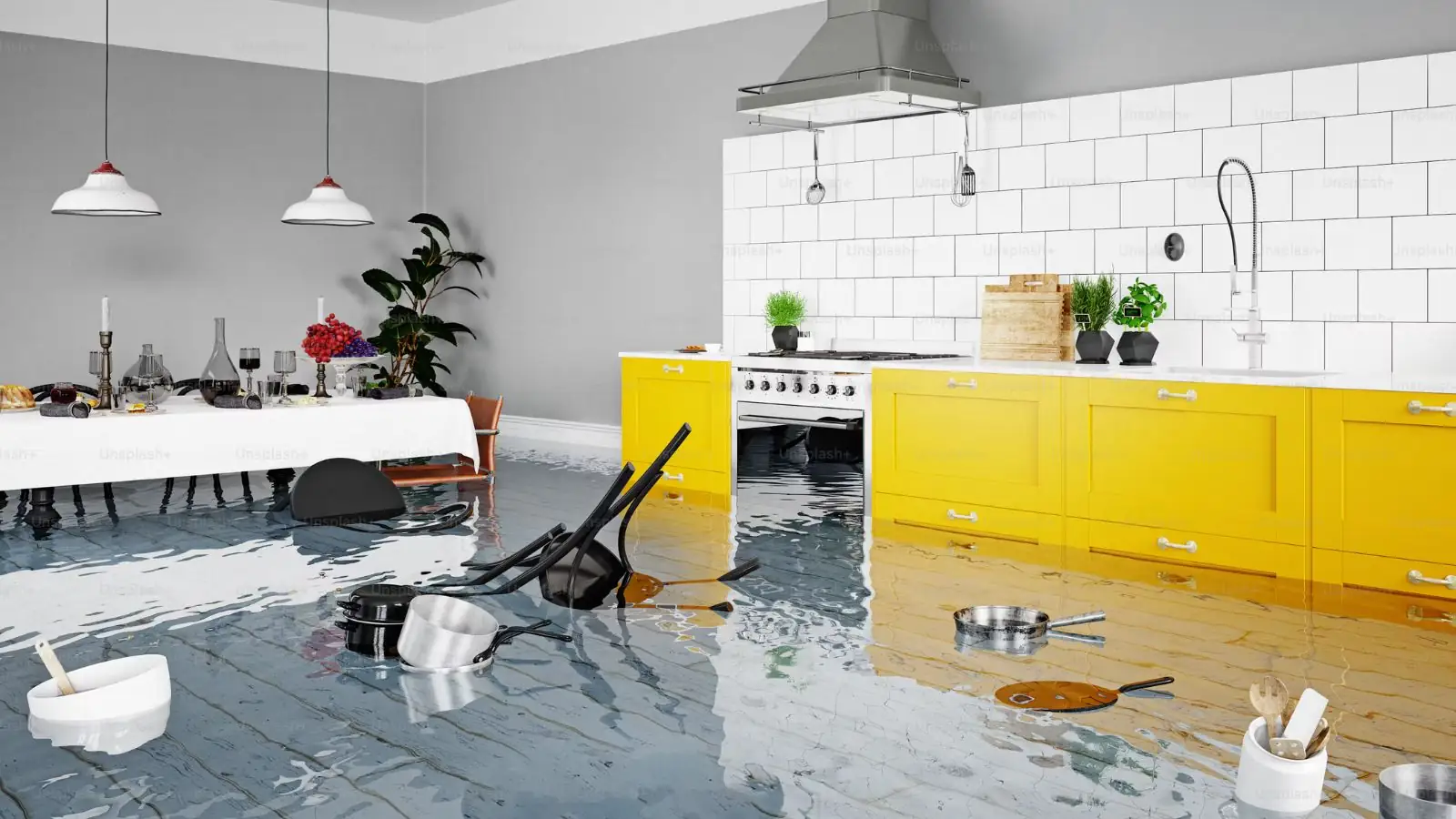 Kitchen with yellow cabinets and standing water on the floor after a leak