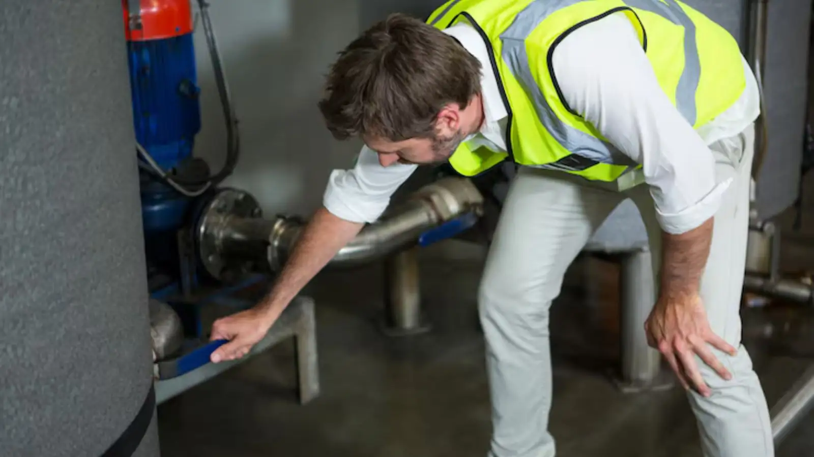 Worker in a reflective vest running a hose to pump water out of a flooded space